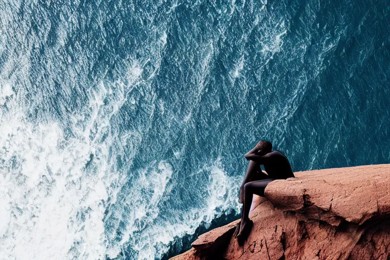 Prompt: photo of a gorgeous black model sitting on a Tesla on a cliff on the ocean By Emmanuel Lubezki