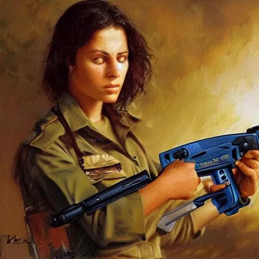 Prompt: a female israeli soldier pressing a staple gun to her head and looking depressed by thomas kincade realistic, high details