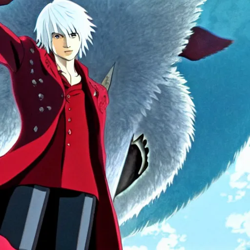 Image similar to a shot of dante from devil may cry in howl's moving castle movie, movie shot, anime, hightly detailed, rescalated 4 k, detailed, straight face, detailed face, studio ghibli