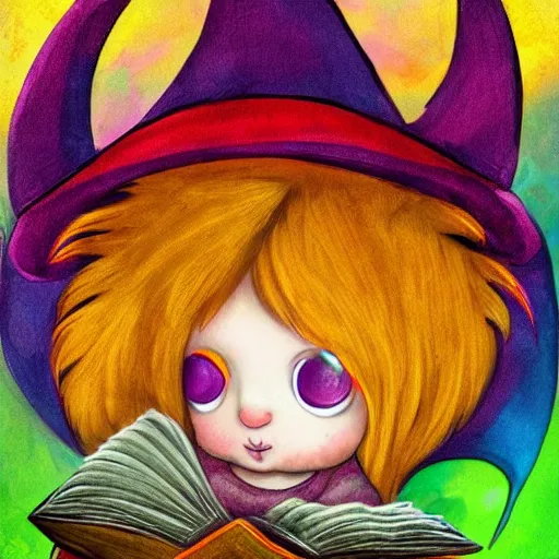 Image similar to cute baby phoenix wearing a witch\'s hat and reading a book, colorful rainbow feathers, digital art, trending on artstation