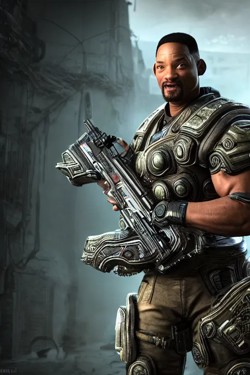 Image similar to Will smith as a muscular Gears of War character, photorealism, half body, HDR ambient background, unreal engine 5, hyperrealistic, highly detailed, XF IQ4, 150MP, 50mm, F1.4, ISO 200, 1/160s, cinematic lights, Adobe Lightroom, photolab, Affinity Photo, PhotoDirector 365, realistic