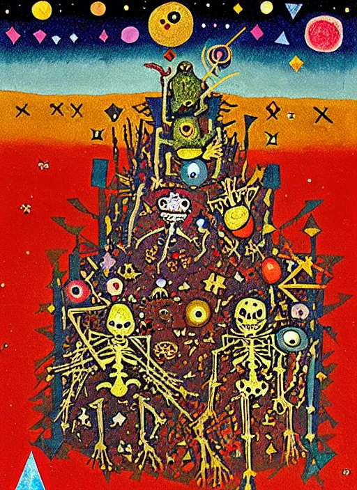 Image similar to pixel decollage painting tarot lovers card composition tower of babel road red armor maggot bear and wonky alien frog skeleton knight on a horse in a dark red cloudy night sky with golden foil jewish stars and diamonds, mountain lake and blossoming field in background, painted by Mark Rothko, Helen Frankenthaler, Danny Fox and Hilma af Klint, pixelated, neo expressionism, semi naive, pastel colors, cinematic, color field painting, cave painting, voxel, pop art look, outsider art, minimalistic. Bill Traylor painting, part by Philip Guston, Amano and Francis Bacon. art by Adrian Ghenie and Storm Thorgerson, very coherent symmetrical artwork, cinematic, hyper realism, high detail, octane render, unreal engine, Smooth gradients, depth of field, full body character drawing, extremely detailed, 8k, extreme detail, intricate detail, masterpiece