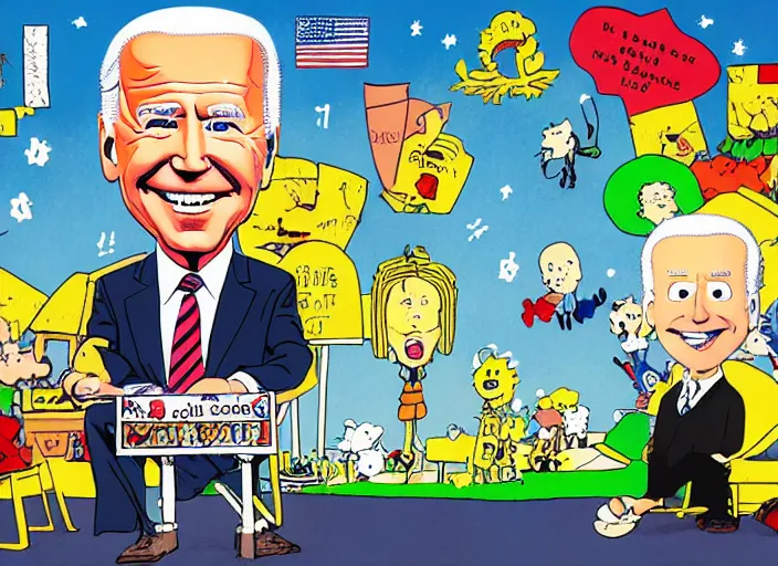 Image similar to joe biden, a jigsaw puzzle by charles schulz, behance contest winner, naive art, official art, colorized, digitally enhanced