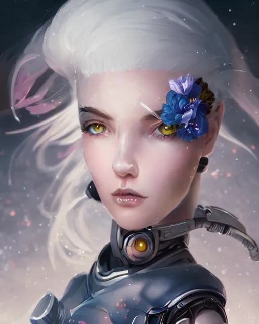 Image similar to cyborg girl with white hair and black skirt, flower decorations, dreamy, beautiful illustration, scifi, radiant, atmosphere, harmony, top lighting, blue eyes, focused, perfect composition, artstation, highly detailed, art by yuhong ding and chengwei pan and serafleur and ina wong