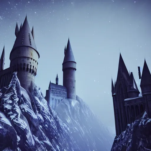 Image similar to hogwarts towers, night sky, mid shot, ultra detailed, hyperrealistic, octane render, unreal engine, snow, mist and fog, depth of field, intricate details, ornate