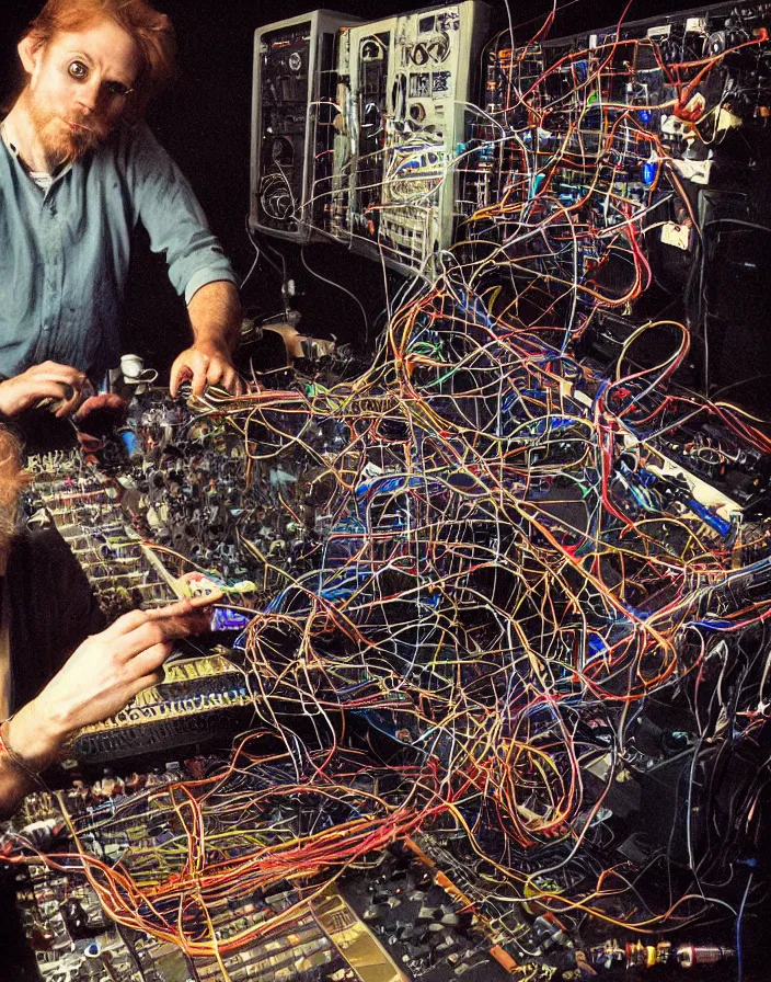 Image similar to chiaroscuro air brush fantasy hyper realistic photograph of a majestic goblin king patching a Buchla 200e modular synthesizer powered by tesla coils