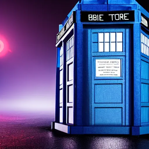 Image similar to a hyperdetailed photograph of the tardis sat on a futuristic street corner, night, dense fog, rain, hd, 8 k resolution