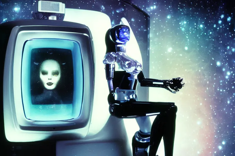 Prompt: beautiful woman robot sitting inside of a galaxy fridge, from 1985, bathed in the glow of a crt television, crt screens in background, low-light photograph, in style of chrome hearts