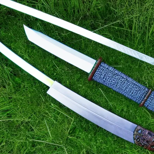 Image similar to A katana with an emerald blade lying in a field of flowers at night