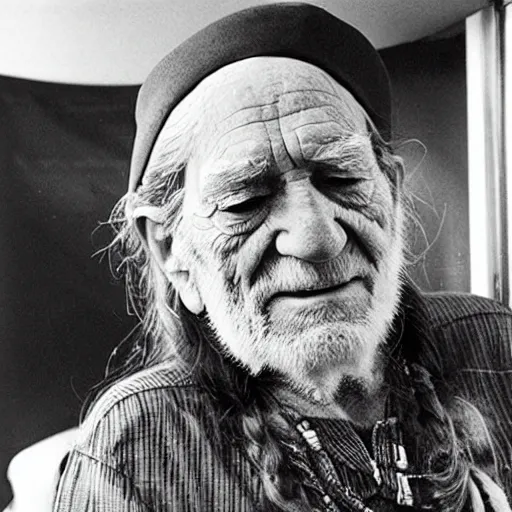 Image similar to willie nelson having a smoke in his trailer.