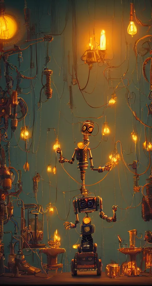 Image similar to a beautiful tapestry of a dream, a robot standing, ultra detailed, dark, steampunk, moody, candles, neon signs, infographic, characters from machinarium, by don bluth, trending on artstation, octane render