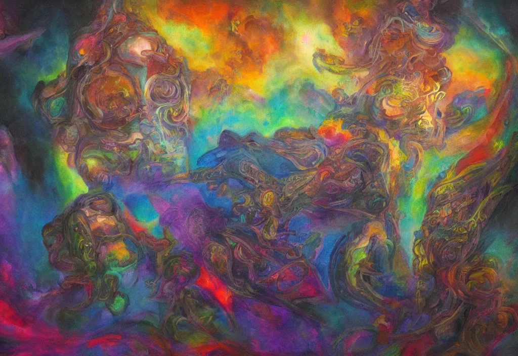 Image similar to iridescent temple of sleep deva architecture dreamer mythos phantasms, award winning oil painting, polychromatic spectrum