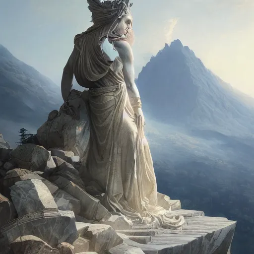 Prompt: Beautiful cinematic scene of a gigantic marble statue of a goddess on top of a mountain, epic, megalophobia, cinematic lighting, insanely detailed, painting by Greg Rutkowski, Artstation