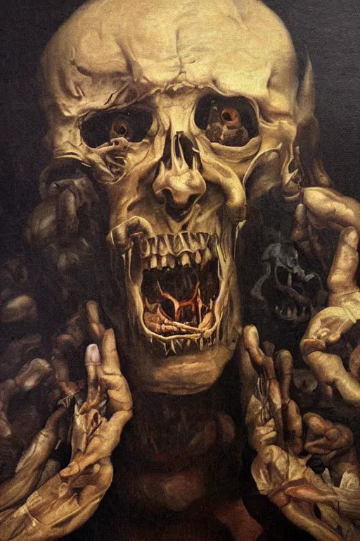 Image similar to the last human on earth, detailed baroque oil painting, dark, disturbing