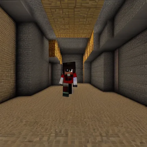 Prompt: Herobrine from Minecraft standing in a dark alley, staring at the camera, motionless. Award winning, noire, high resolution.