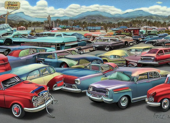 Image similar to car lot, lowbrow, matte painting, 3 - d highly detailed, in the style of mark ryden,