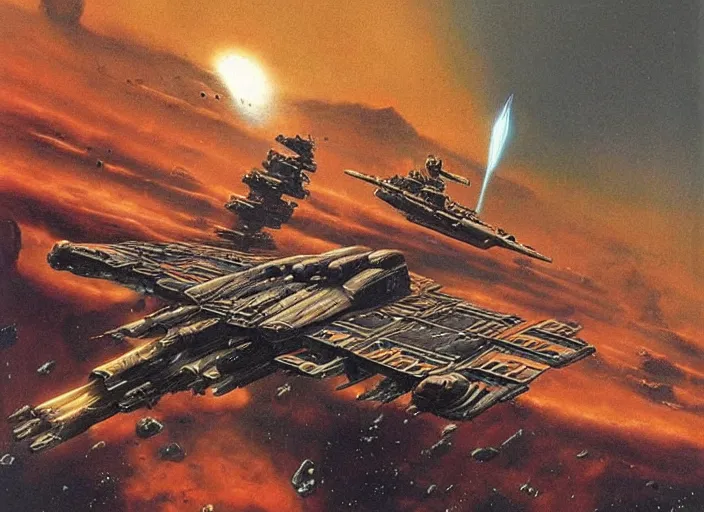 Prompt: possibly the best remembered ship of the war, the cutlass won its laurels during the fiercely fought battle for mars in 2 0 5 2 when the proxima ( ( ( battlefleet ) ) ) broke through the sentinel line, cinematic matte painting, peter elson!!!!!, chris foss!!!!!, tony roberts!!!!!