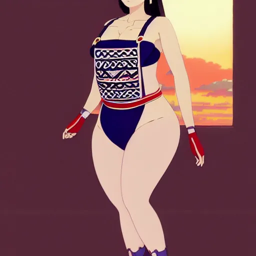 Image similar to a beautiful plus sized model japanese natalie portman, alluring plus sized model, wearing mayan leotard with elegant mayan apron overalls, street fashion hip hop style with mayan patterns, aztec street fashion, gapmoe yandere grimdark, trending on pixiv fanbox, painted by greg rutkowski makoto shinkai takashi takeuchi studio ghibli, akihiko yoshida