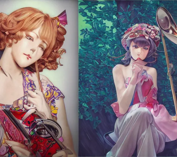 Image similar to ' touhou girl studying jazz music ', beautiful shadowing, 3 d shadowing, reflective surfaces, illustrated completely, 8 k beautifully detailed pencil illustration, extremely hyper - detailed pencil illustration, intricate, epic composition, masterpiece, bold complimentary colors. stunning masterfully illustrated by artgerm, range murata, alphonse mucha.