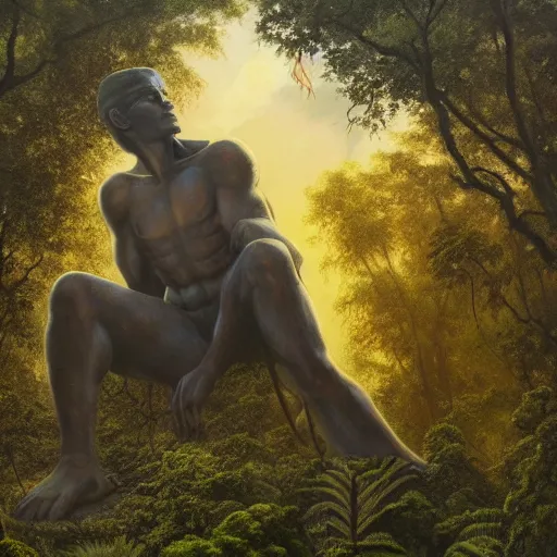 Prompt: giant statue of libertys head lying sideways on the ground reclaimed by the jungle .surrounded by tall vines in oversized misty jungle, moody sunset and dramatic sky , oil painting by frazetta, low angle, postapocalyptic, cinemascope panorama