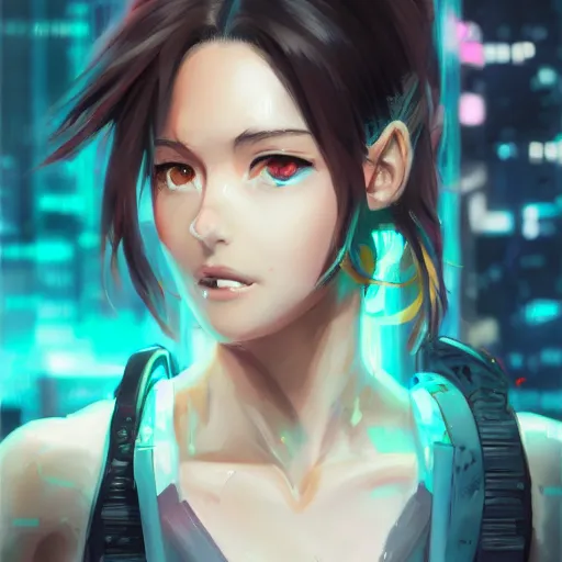 Prompt: An anime portrait of a fit Phoebe Kates as a cyberpunk hacker, by Stanley Artgerm Lau, WLOP, Rossdraws, James Jean, Andrei Riabovitchev, Marc Simonetti, and Sakimichan, tranding on artstation