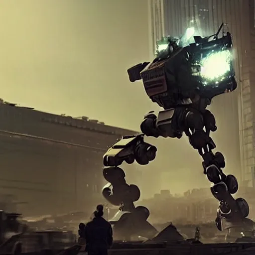 Prompt: donald trump as a giant mech walking through a dystopian city. very long red necktie. ultra realistic. high definition. wide shot. full body.