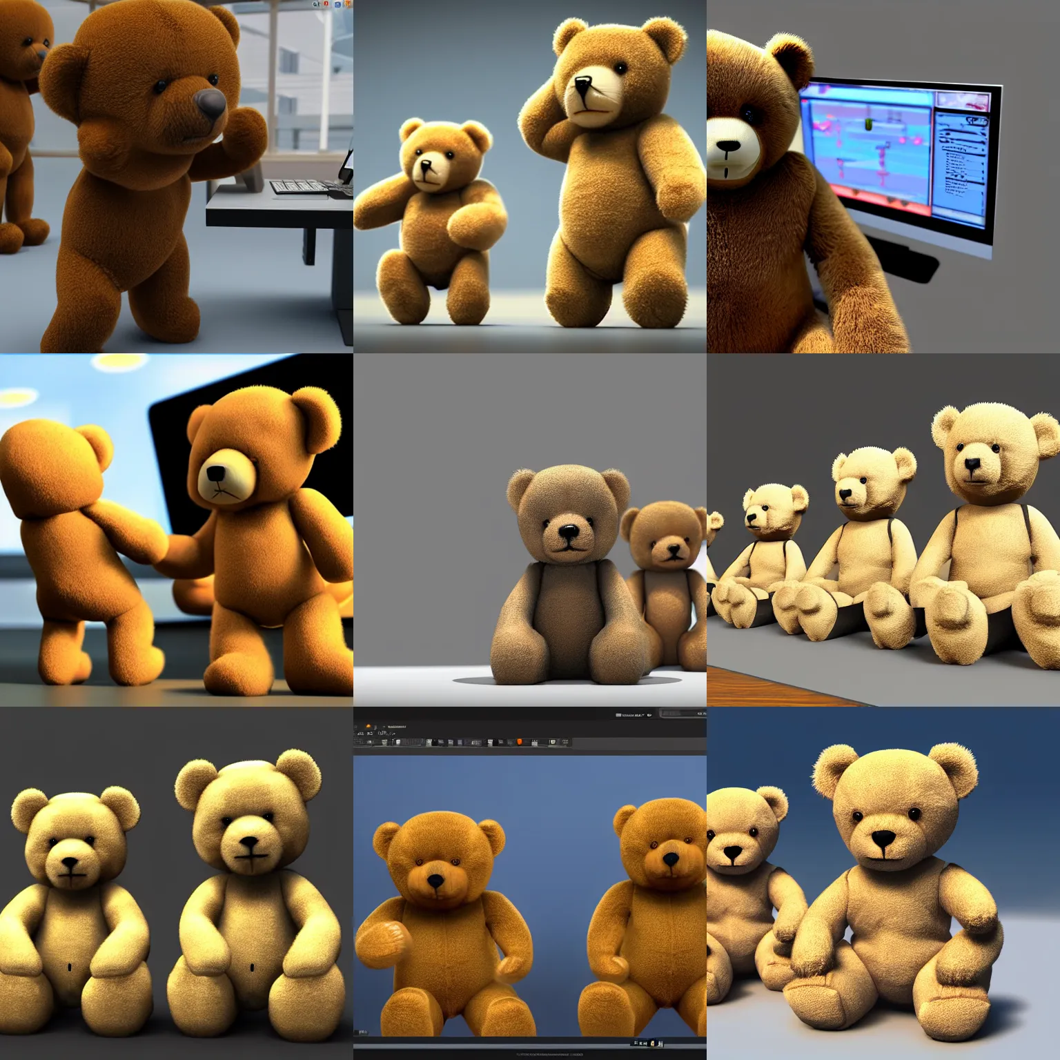 Prompt: teddy bears working on computers. photorealistic, 8 k, unreal engine, award winning cgi