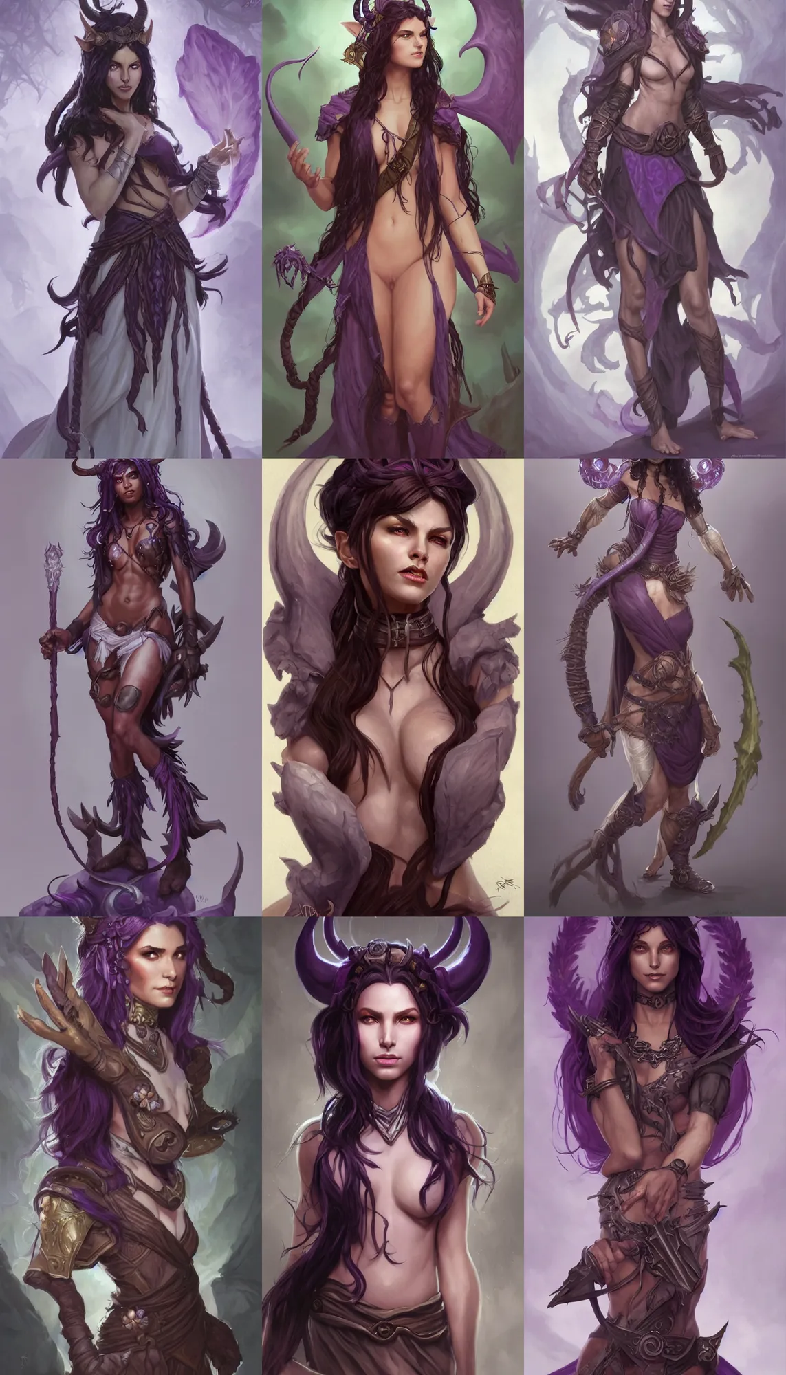 Image similar to Attractive Tiefling Druid, She has light brown skin, dark purple hair, and silver eyes full body, dungeons and dragons portrait, highly detailed, digital painting, artstation, concept art, sharp focus, illustration, art by artgerm and greg rutkowski and alphonse mucha