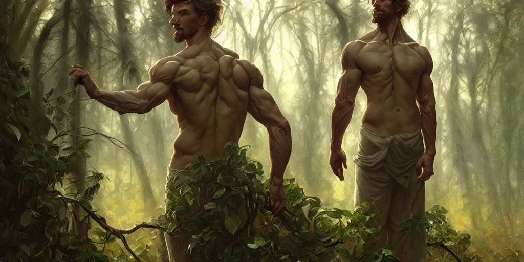 Prompt: caucasian man in park of forest gog, male, clear face, masculine, upper body, muscular, fantasy, intricate, elegant, highly detailed, digital painting, artstation, concept art, matte, sharp focus, illustration, art by artgerm and greg rutkowski and alphonse mucha