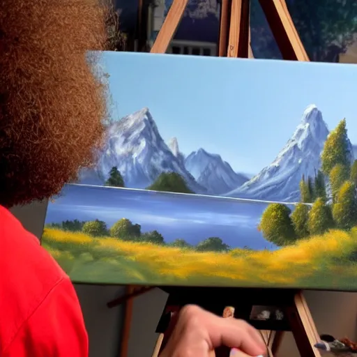 Image similar to a closeup photorealistic photograph of bob ross working on a canvas painting of spiderman. film still. brightly lit scene. mountains and trees. this 4 k hd image is trending on artstation, featured on behance, well - rendered, extra crisp, features intricate detail, epic composition and the style of unreal engine.