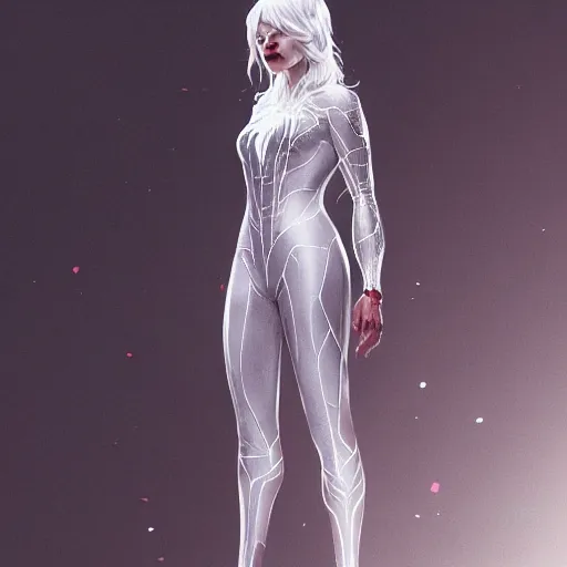 Prompt: full body portrait of white haired woman in spider man suit, super hero, webs, highly detailed!! digital painting, artstation, concept art smooth, sharp focus, greg rutkowski, artey freytag