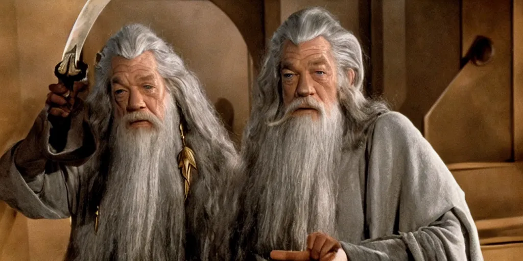 Image similar to Gandalf in the role of Captain Kirk in a scene from Star Trek the original series