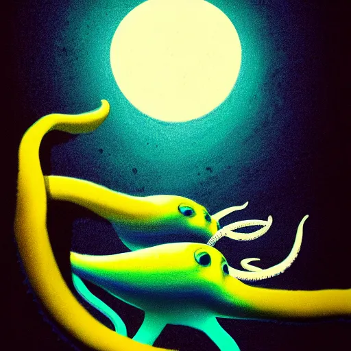 Image similar to michael phelps swimming away from a turquoise squid in the pacific ocean, closeup, portrait, moonlit, dark, ominous, illustration, volumetric light, highly detailed