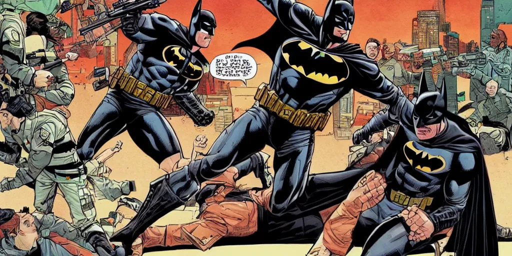 Image similar to Batman teaching mall-cops karate. Epic painting by James Gurney and Laurie Greasley.