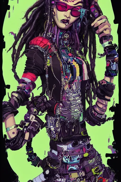 Prompt: cybergoth with dreads and eccentric clothing by jamie hewlett and artgerm, cel shading, toon shading, detailed,