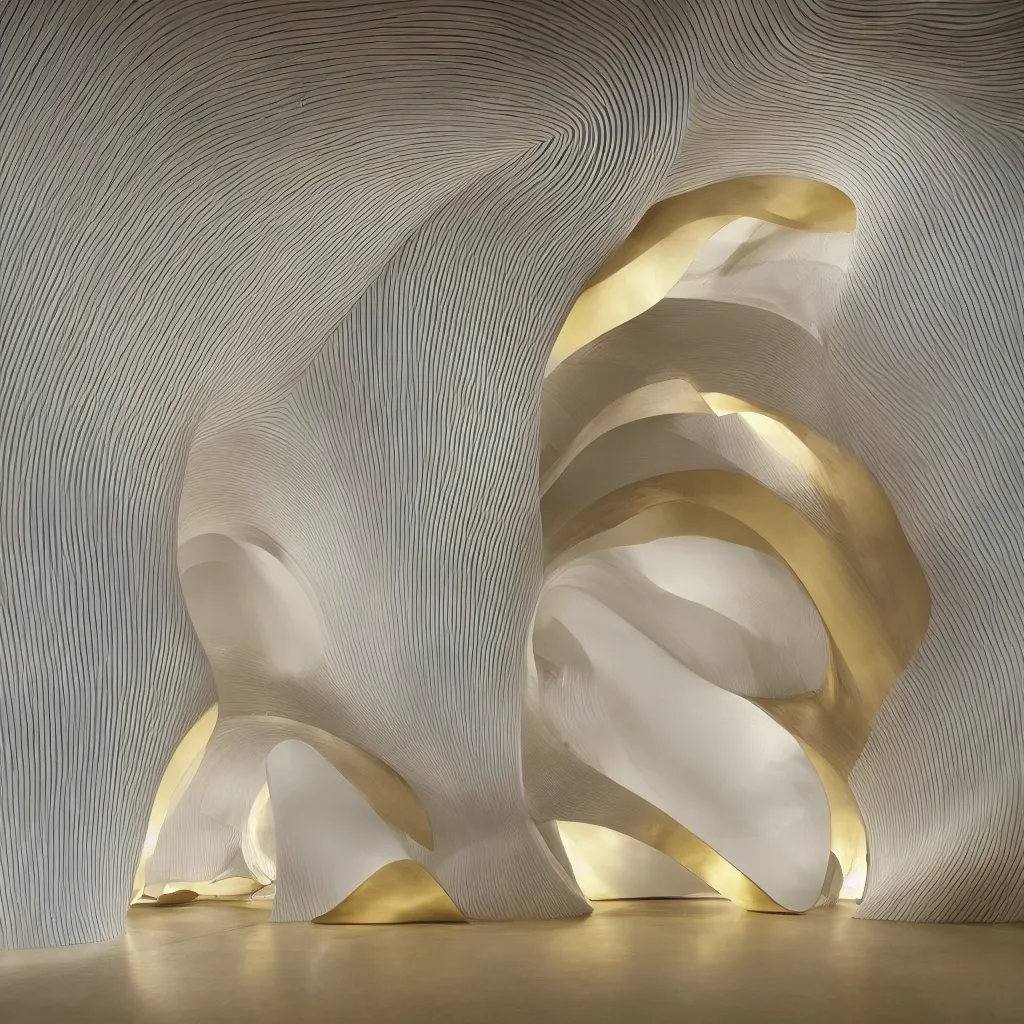Image similar to an incredibly smooth curvilinear neo baroque interior architectural spatial sculpture, a golden pool on the ground is envelope by folding white surfaces, blue light, visually satisfying seductive architecture render