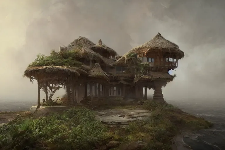 Image similar to a profoundly exotic home sitting amongst a rabid landscape weeping with sorrows and anxiety, overlooking a lively beach, digital painting by greg rutkowski and gaston bussiere, cgsociety contest winner, heavily overcast sky, dimly sad atmosphere, intricately defined, zbrush, comprehensive art, 4 k