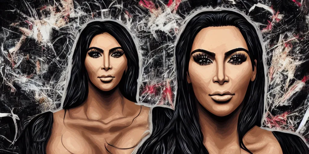 Prompt: hyper realistic kim kardashian on a tomorrow land stage in the style of a slipknot album cover, minimal art style, highly detailed, intricate, digital painting, artstation, 3 5 mm film grain