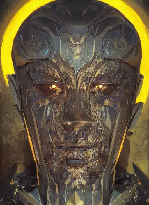 Prompt: symmetry! closeup biblical diabolical beautiful wooden cyborg! stylish armor, heavy eyes to the side, closeup, bright glowing eyes, in clouds, rain, sunset, portrait, by gerald brom, by mikhail vrubel, by peter elson, muted colors, extreme detail, mirrors, trending on artstation, 8 k