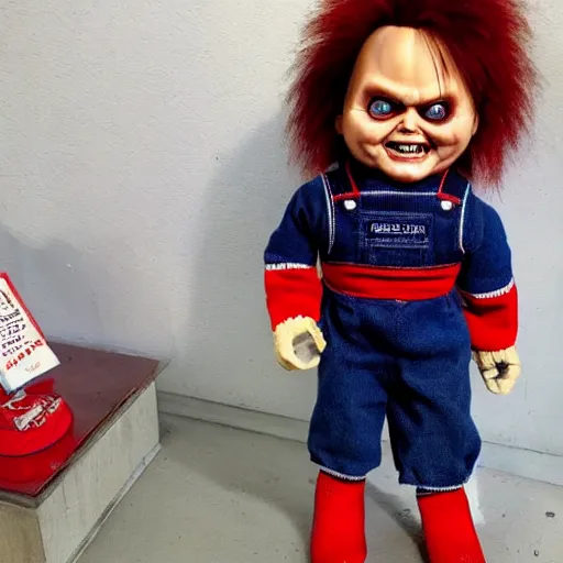 Prompt: Chucky the killer doll for sale in a pawn shop