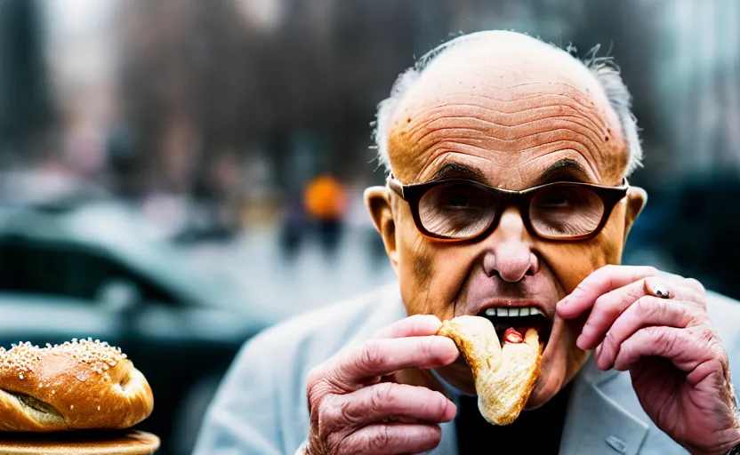 Image similar to photograph of Rudy Giuliani eating a bagel, one point perspective, 1-point perspective, tilt shift, sigma 85mm f/1.4, 4k, depth of field, high resolution, 4k, 8k, hd, full color