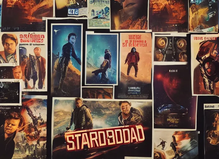 Image similar to a very high resolution image from a new movie, starlord. in a room full of posters and vinyls. mountains, directed by wes anderson