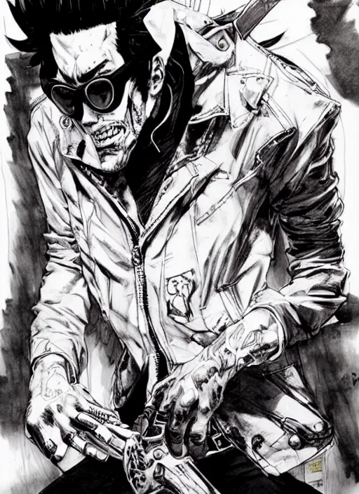 Prompt: travis touchdown, by takehiko inoue and kim jung gi, masterpiece ink illustration, perfect face and anatomy!
