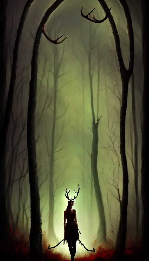 Prompt: a silhouette portrait of a girl with antlers in a forest at night, dark, gothic, fantasy, portrait, figurativism, muted colors, digital painting in the style of bastien lecouffe - deharme, trending on artstation, detailed