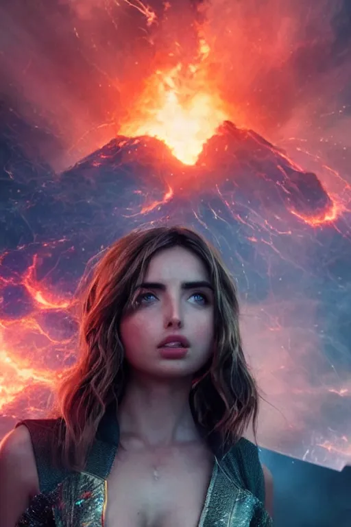 Prompt: A still of Ana de Armas as the Queen of the Multiverse, unreal engine, visually stunning, quantum volcanic eruption, cinematic, close up, shot with sony alpha 1 camera