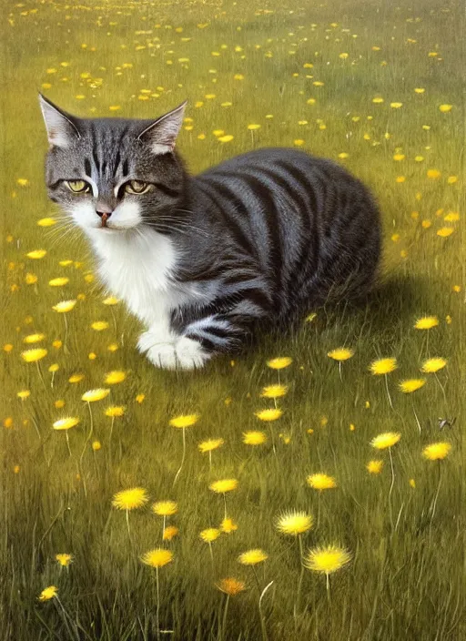 Image similar to the cat in the meadow from flowers : dandelions, poppy, tulip, chamomile, hyperrealism, no blur, 4 k resolution, ultra detailed, style of ivan shishkin, tyler edlin, tom bagshaw, arthur rackham,