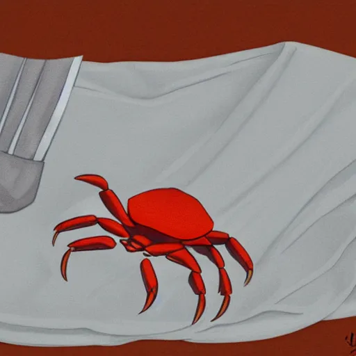 Image similar to crab holding a napkin in its claw, a nightgown and slippers lying on the ground next to it, digital art