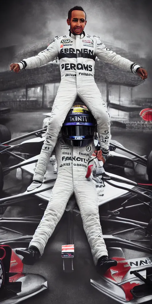 Image similar to A portrait of Lewis Hamilton in his racing uniform by Banksy, octane render,,highly details