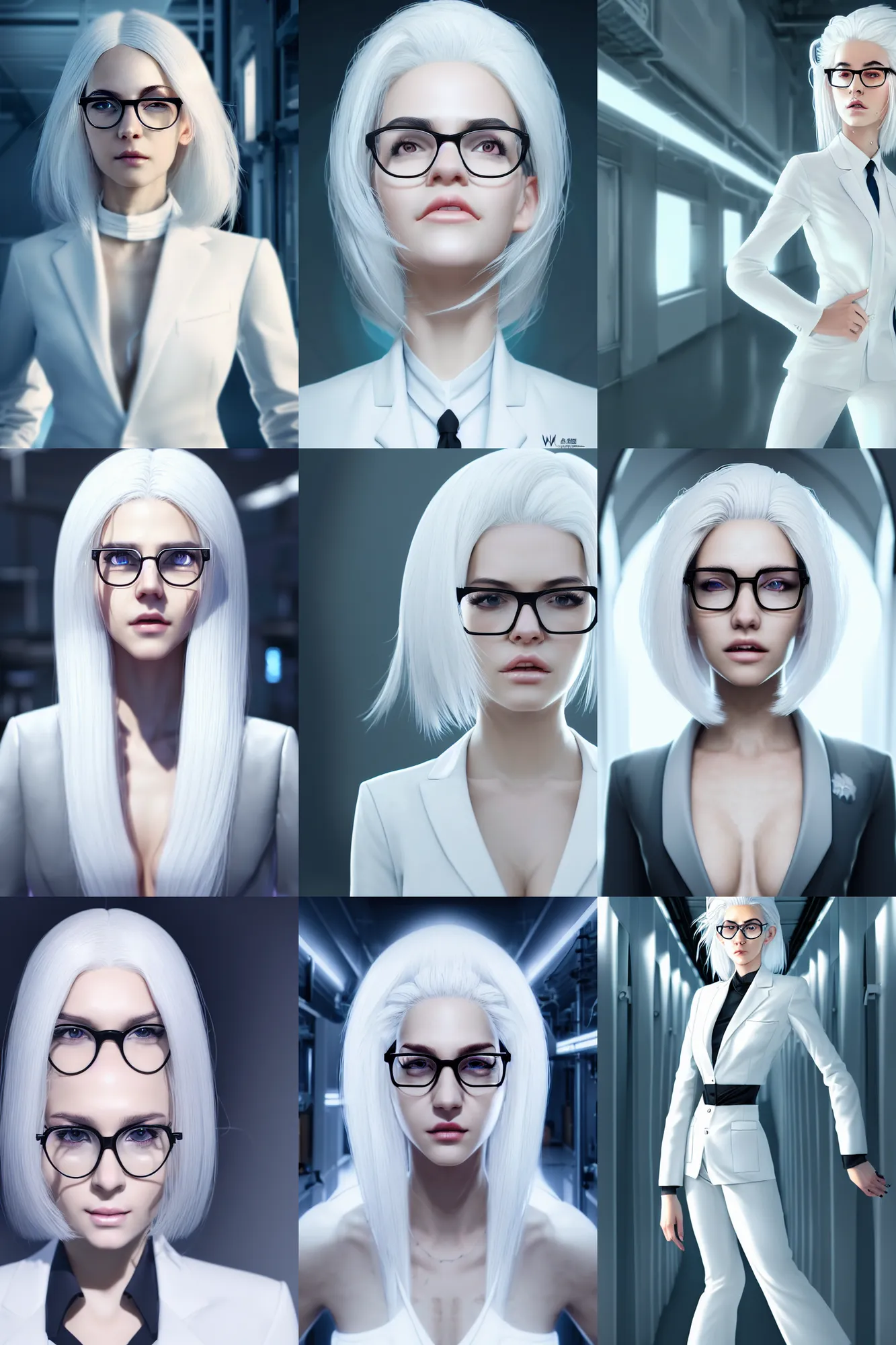 Prompt: a portrait of a beautiful young woman with white hair, wearing white suit and glasses, standing inside a research facility, beautiful young face, long black hair, animation, arcane, character portrait, illustrated by wlop, extremely detailed, 8 k, trending on artstation, cinematic lighting, beautiful body