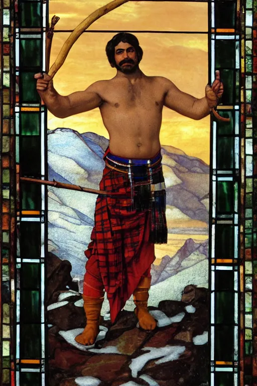 Prompt: a symmetrical homoerotic tarot card of a handsome shirtless desi adventurer wearing a scottish tartan kilt on a snowy mountain peak, by raja ravi varma. he has a wooden staff, cowboy hat, and boots. background is a stained glass golden sunrise. art deco, art nouveau. by louis comfort tiffany, by albert bierstadt. trending on artstation.